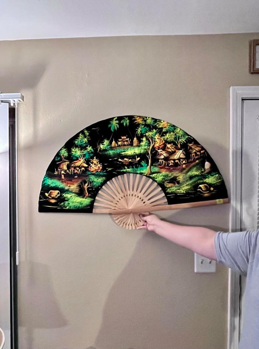 Vintage Large Thailand Asian Wall Fan in Neon Colors by Thawin Products