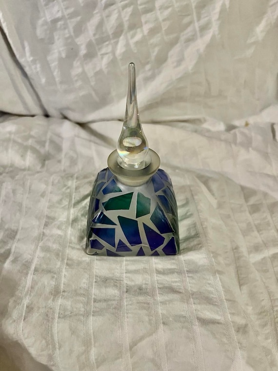 Vintage mosaic perfume bottle green blue glass mos