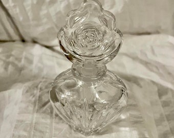 Vintage Crystal Perfume Bottle, Floral Stopper, Hollywood Regency Decor
