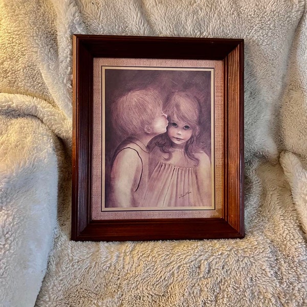 Vintage Framed Margaret Kane Lithograph | A Little Kiss | First Love | Big Eyes | MCM