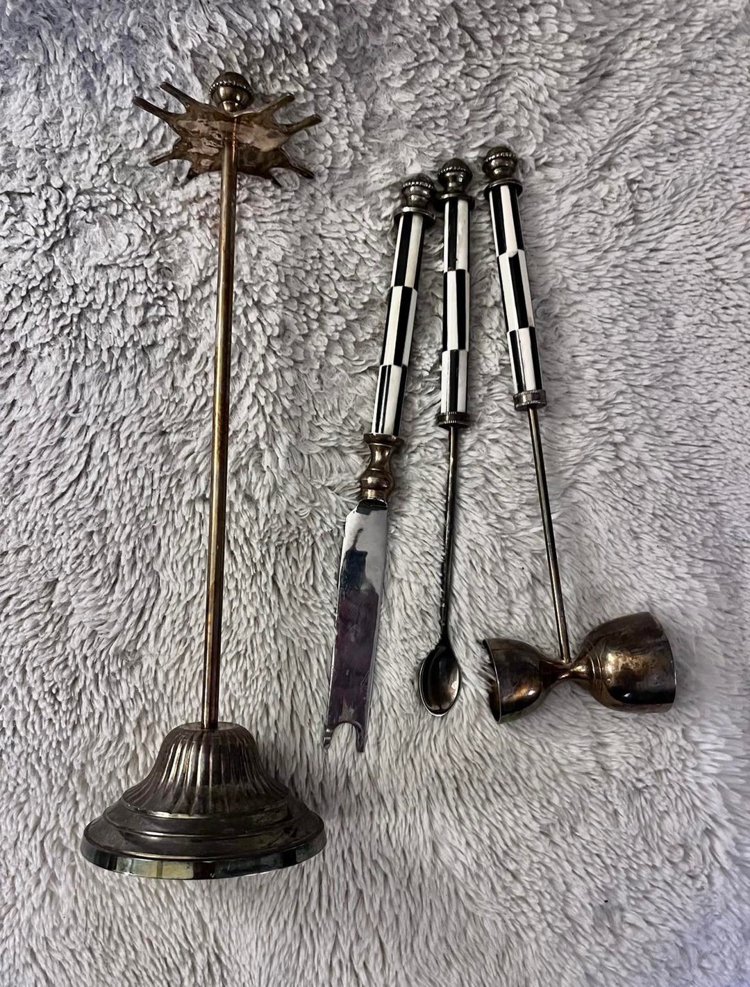 Vintage Bar Utensils Barware BAKELITE Black and White Check Handles