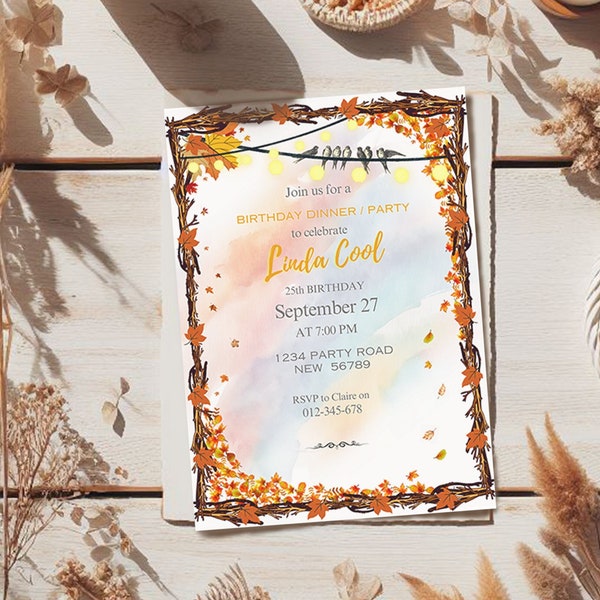 Birthday Invitation Fall Printable Autumn Birthday Party Invitation Autumn Birthday Dinner Invitation Autumn Party 2023