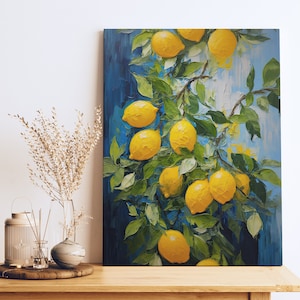 An original oil painting canvas print of vibrant lemons against a blue background. Available in multiple seizes with free shipping. Pictured leaning on a shelf