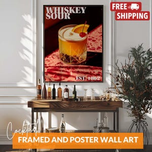 Póster vintage de whisky sour, impresión de carrito de bar con cócteles de whisky, arte mural de whisky para bar o cocina, solo póster o enmarcado.