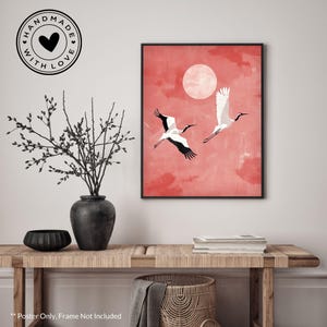 Póster con grullas voladoras japonesas Hokusai Ukiyo-e, arte de pared enmarcado en rosa, impresión de paisaje asiático, decoración japonesa para el hogar en rosa