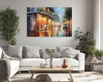 May include: A painting of a city street at night with buildings, streetlights, and people walking. The street is wet from rain and reflects the lights. The painting is in a modern living room setting with a white couch, a coffee table, and plants.