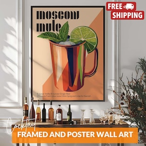 Póster vintage de Moscow Mule, impresión de carrito de bar con receta de cóctel, bebida de vodka, arte mural moderno para bar o cocina, solo póster o enmarcado.