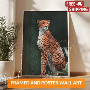 Elegante póster de guepardo, arte maximalista de animales verdes, póster o impresión enmarcada, arte mural moderno de safari verde esmeralda para amantes de los animales.