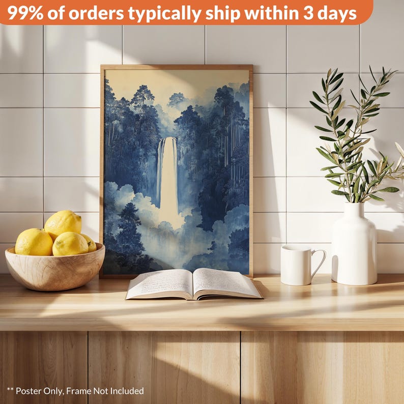 A traditional Japanese Hokusai waterfall poster wall art in blue. Available in multiple sizes with free shipping. (Poster only, no frame included, shown for illustration purposes only)