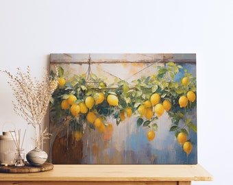 Lemon Painting Yellow Blue Canvas Wall Art Lemon Tree Oil Painting Rustic Wall Art Kitchen Home Decor