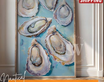 May include: A painting of five oyster shells on a light blue background. The shells are arranged in a random pattern and are painted in shades of white, gray, and beige.