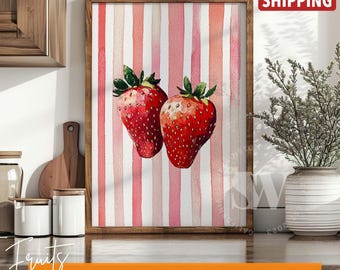 Vintage Strawberries Fruit Print: Mid-Century Modern Kitchen Wall Art