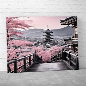 Kyoto Japan Pink Cherry Blossoms Canvas Wall Art Japanese Temple Pink Travel Landscape Home Decor