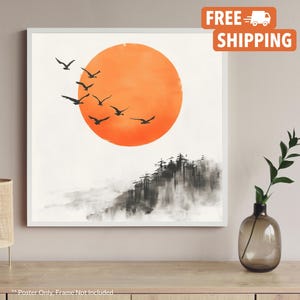 Square Red Sun Traditional Hokusai Japanese Wall Art Landscape Poster Print Red Japanese Home Decor