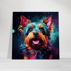 Retrato encantador de Yorkshire Terrier, arte pop, lienzo, arte canino ingenioso, decoración de pared contemporánea para perros, regalo moderno para dueños de mascotas.