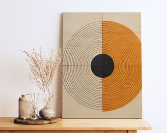 Mid Century Modern Vinyl Record Inspired Canvas Art, Beige & Orange Retro Wall Decor, Mid Century Boho Wall Art, Free Shipping