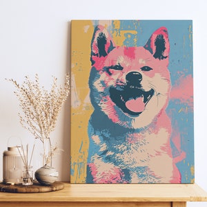 A modern Andy Warhol style dog portrait of a Shiba Inu. Available in multiple sizes with free shipping. (Rolled canvas only, no frame or stretcher bars included, seen hanging for illustration purposes only)