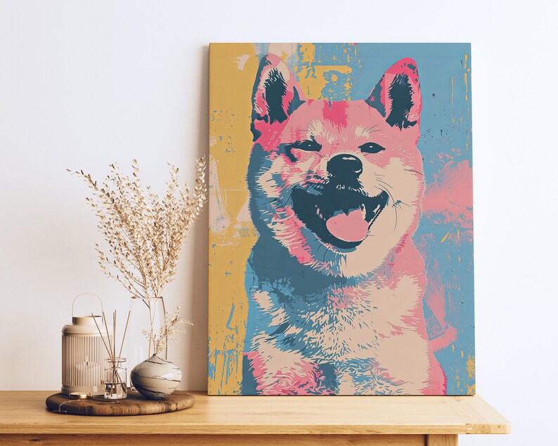 A modern Andy Warhol style dog portrait of a Shiba Inu. Available in multiple sizes with free shipping. (Rolled canvas only, no frame or stretcher bars included, seen hanging for illustration purposes only)