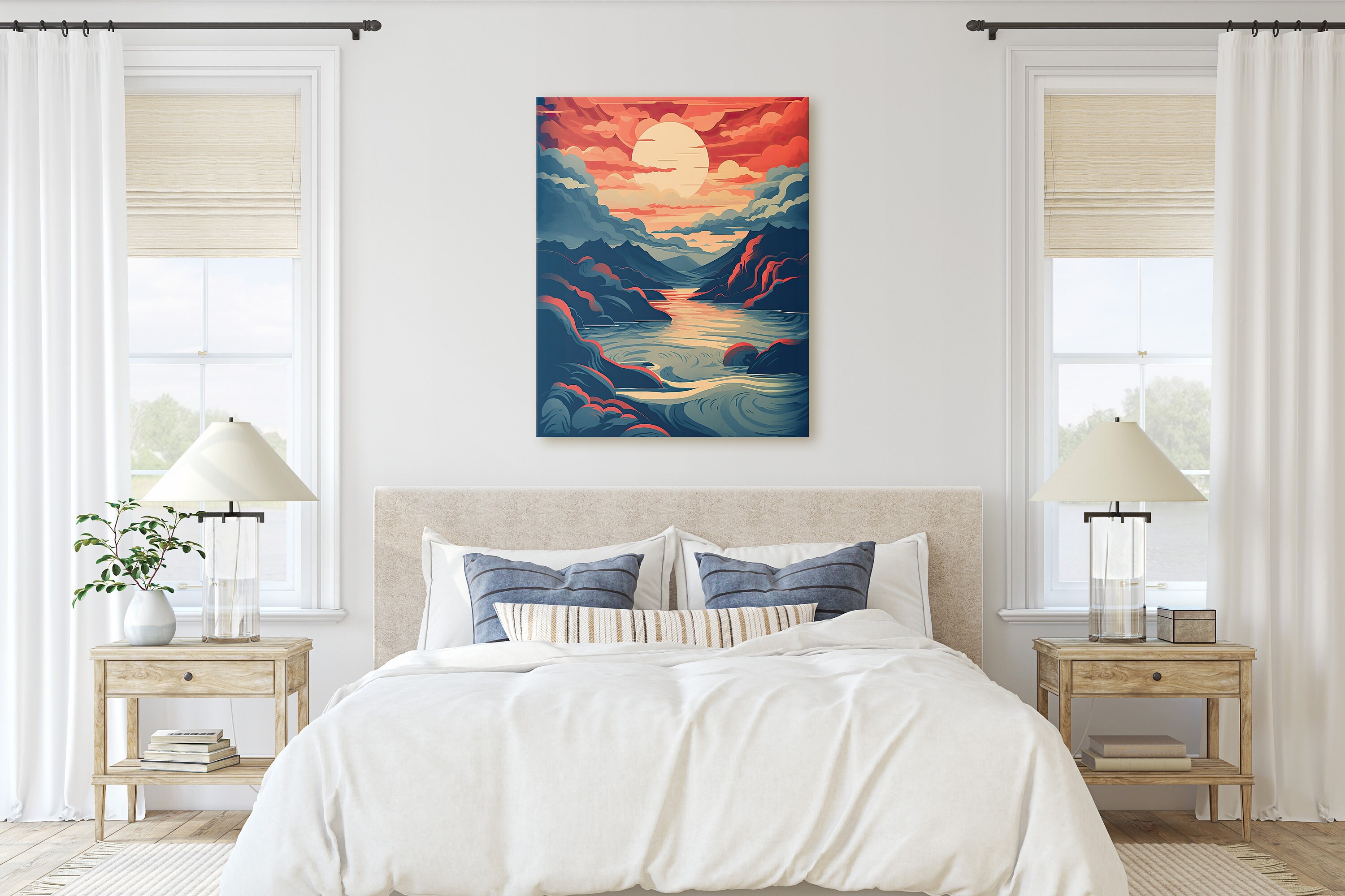 Japanese Sea Setting Sun Red Blue Illustration Wall Art