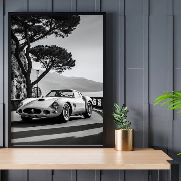 1962 Ferrari GTO 250 Black and White Poster, Classic Car Poster Print, High Quality Wall Decorating Poster With Free Shipping