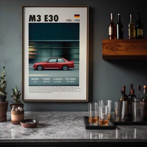 BMW M3 E30 Car Poster, Red Sports Car Print, Garage Wall Art