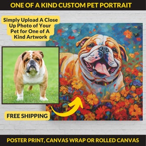 May include: A custom pet portrait of a bulldog in a field of colorful flowers. The bulldog is smiling with its tongue out. The portrait is painted in a vibrant, abstract style.