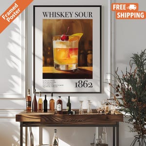 Póster vintage de whisky sour con receta de cóctel de whisky, decoración de carrito de bar, póster impreso o arte mural enmarcado de whisky, regalo para bar o cocina.