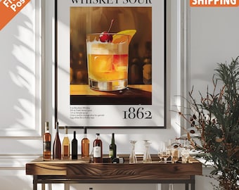 Vintage Whiskey Sour Poster Whisky Cocktail Recipe Bar Cart Decor, Poster Print Or Framed Whisky Drink Wall Art Gift For Bar Or Kitchen