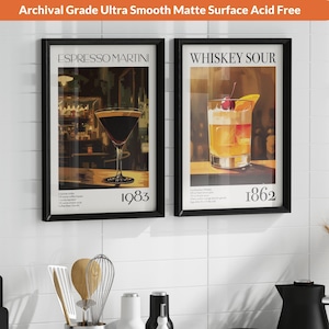 A set of 2 vintage bar cocktail drink wall art posters with recipes & the year created. Choose 2 from our 16 designs. Available in multiple sizes with free shipping. (Poster only no frame included, shown framed for illustration purposes only)