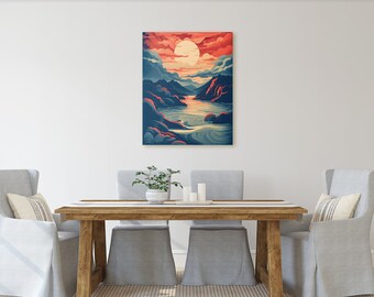 Japanese Sea Setting Sun Red Blue Illustration Wall Art