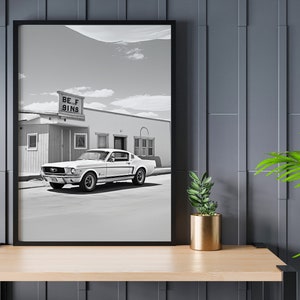 1966 Ford Mustang Black & White Poster: Classic Car Wall Art