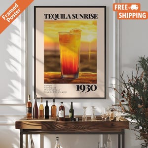 Ein Vintage Tequila Sunrise Cocktail Poster, Bar Warenkorb Druck, Tequila Sunrise Drink Wandkunst für Bar oder Küche, Poster oder gerahmt
