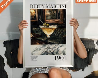 Vintage Dirty Martini Poster, Cocktail Recipe Bar Cart Alcohol Poster Print, Vodka Drink Wall Art For Bar Or Kitchen, Poster Only Or Framed