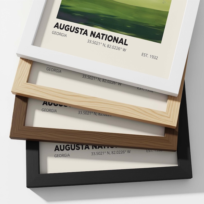 A cascade of 4 picture frames, all solid oak, white, black, natural and walnut colors each with a fine art print of the famous Amen Corner at Augusta golf course.