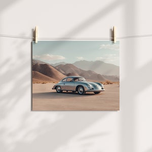 An original color car poster featuring the iconic Porsche 356 in silver in a desert. Available in  multiple sizes with free shipping.