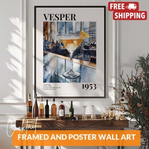Klasyczny przepis na drinka Vesper Cocktail, dekoracja wózka barowego z wódką, sztuka ścienna z whisky do baru lub kuchni, tylko plakat lub w ramce