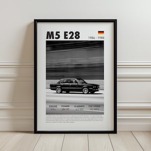 Black 1984 BMW M5 E28, Sports Car Poster, Black & White Framed Auto Wall Art