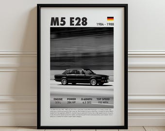 Black 1984 BMW M5 E28, Sports Car Poster, Black & White Framed Auto Wall Art