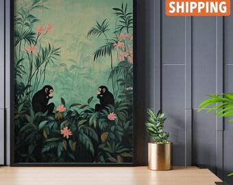 Henri Rousseau Druck: Tropische Dschungel Affen, Vintage Kunst