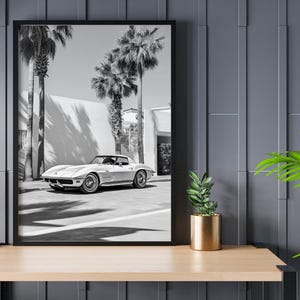 Impression d'affiche de voiture emblématique Chevy Corvette C3 en noir et blanc, impression d'affiche de voiture américaine classique, affiche de voiture de sport, art mural de voiture exotique