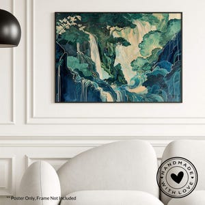 Póster con paisaje de cascada Hokusai, arte mural japonés, impresión en azul y verde, decoración tradicional japonesa para el hogar.