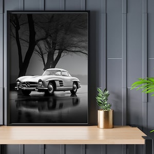 Impresión del Mercedes 300 SL Gullwing: póster de coche clásico en blanco y negro