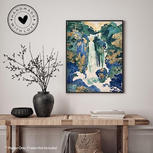 Impression cascade Hokusai Ukiyo-e : affiche de paysage asiatique bleu vert or