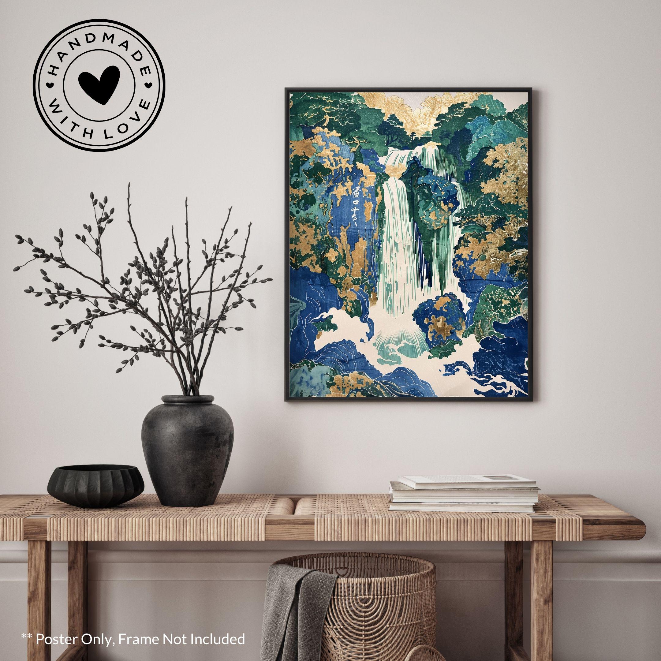 Hokusai Ukiyo-e Waterfall Print: Blue Green Gold Asian Landscape Poster