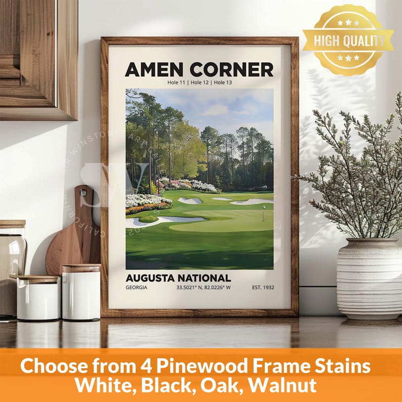 The famous Amen Corner at Augusta golf poster wall art print. Choose from multiple sizes, poster only or 4 framed in 4 frame colors, with shipping included.