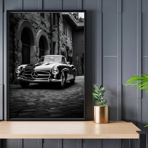 Impresión vintage del Mercedes 250SL de 1950, arte original de Mercedes en blanco y negro, coches clásicos, regalo para amantes de los coches o amantes de la historia.