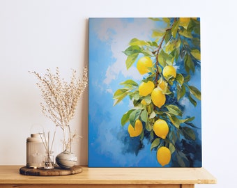 Bright Lemon Branch Canvas Print, Original Blue Yellow Fruit Kitchen Decor, Lemon Tree Art, Minimalist Wall Art, Still Life Fruit