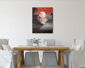 Red Black Traditional Japanese Landscape Wall Art Monochrome