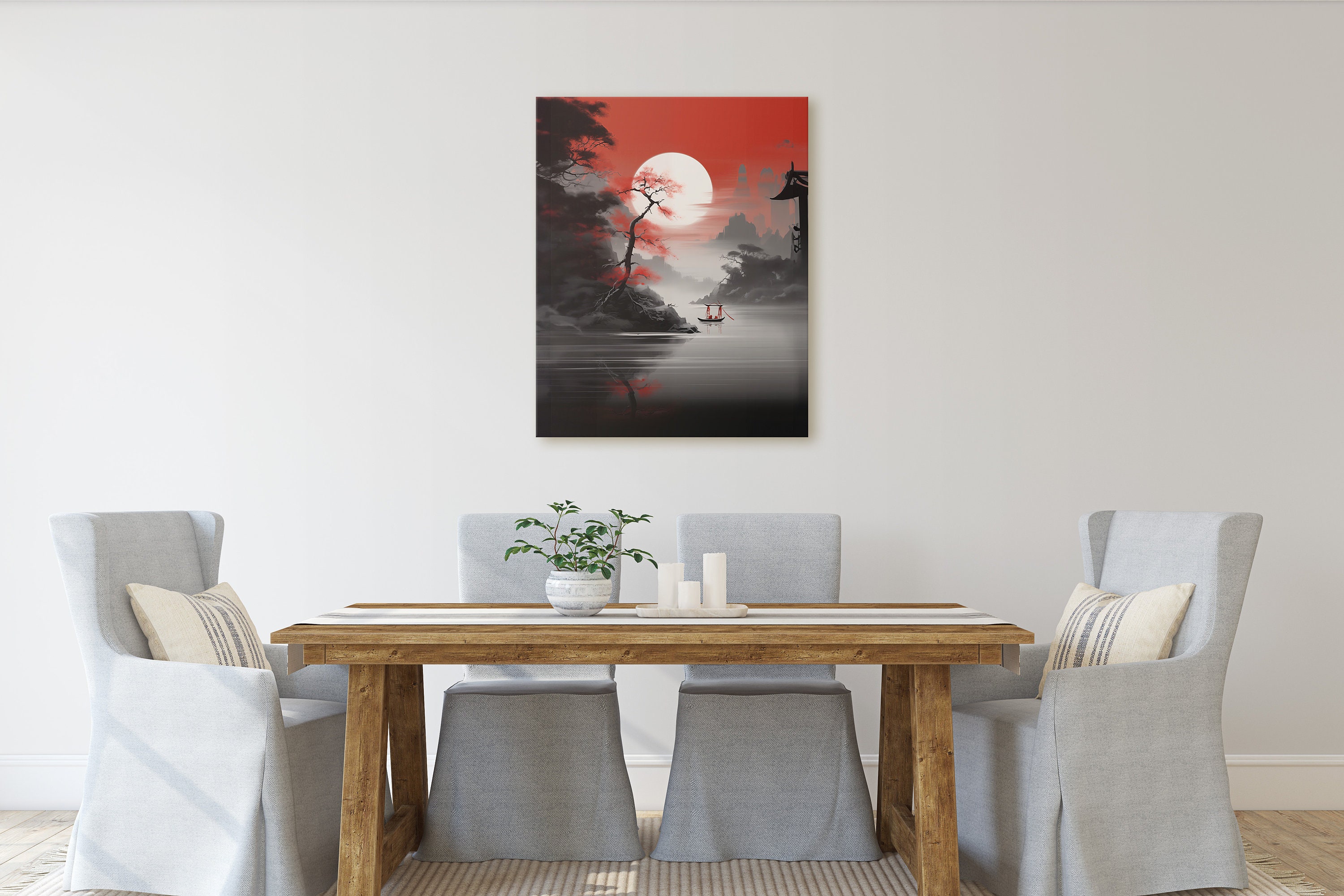 Red Black Traditional Japanese Landscape Wall Art Monochrome