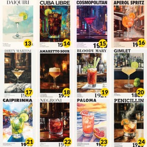 A set of 2 vintage bar cocktail drink wall art posters with recipes & the year created. Choose 2 from our 27 designs. Available in multiple sizes with free shipping. (Poster only no frame included, shown framed for illustration purposes only)